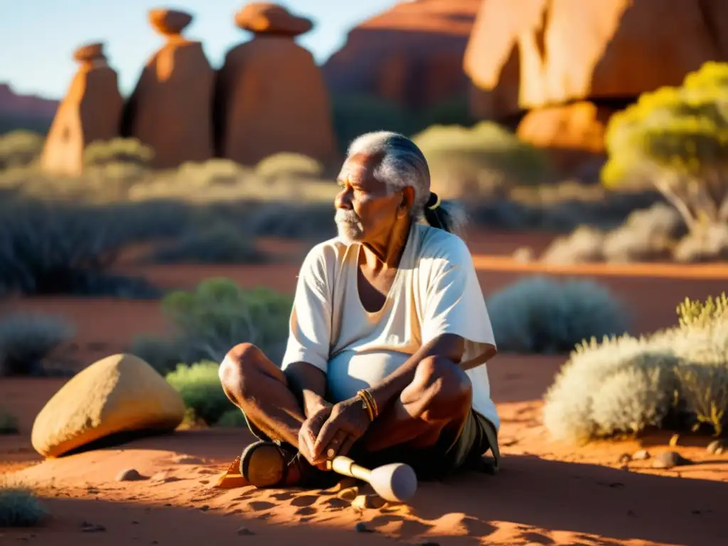 Aborigen en ritual de mindfulness en el outback australiano rodeado de naturaleza vibrante y rocas antiguas