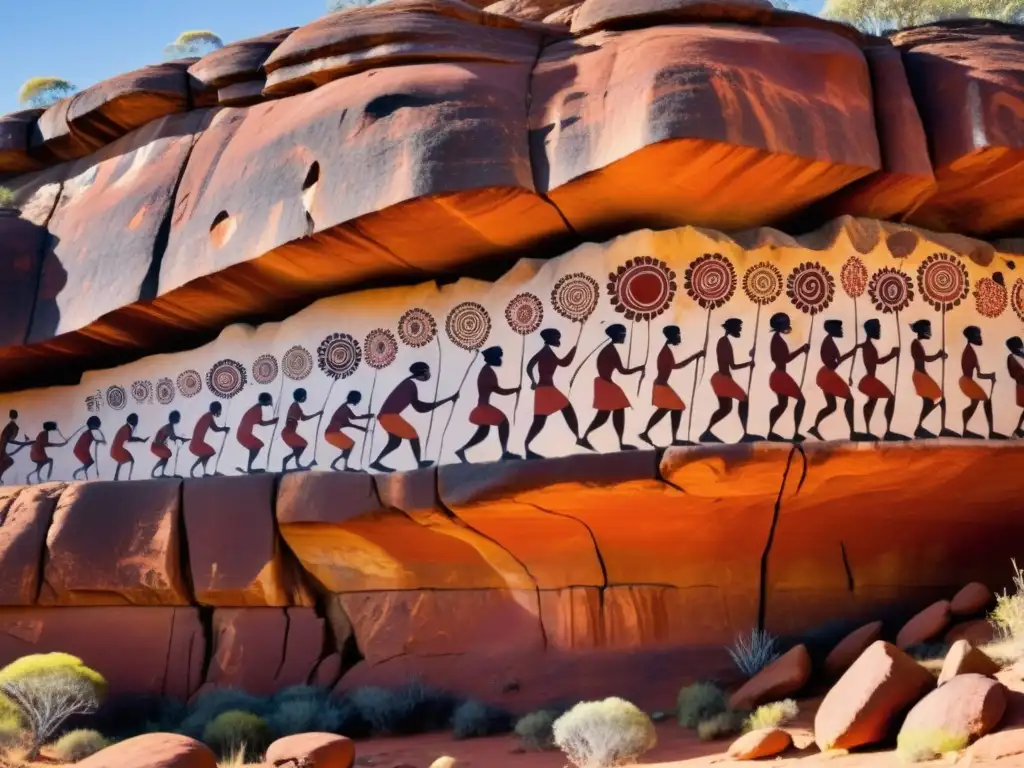 Aborígenes pintando arte rupestre con pigmentos naturales en el outback australiano, transmitiendo significado rituales ancestral