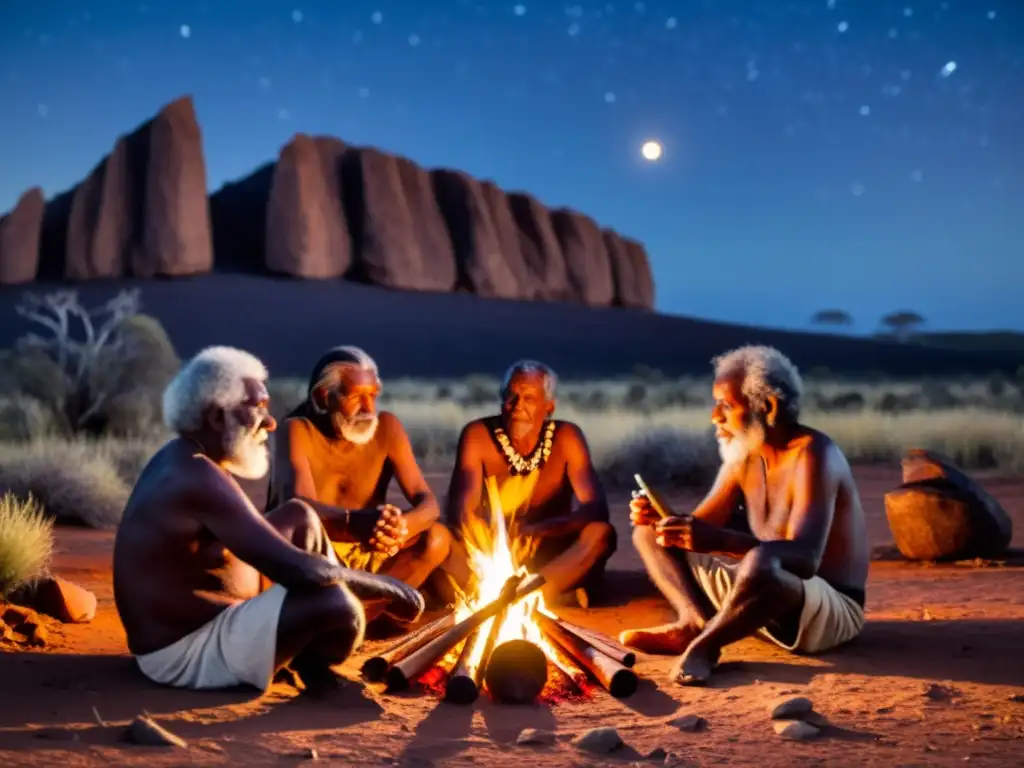 Aborígenes tocando música y rituales alrededor de la fogata en el outback australiano bajo el cielo estrellado