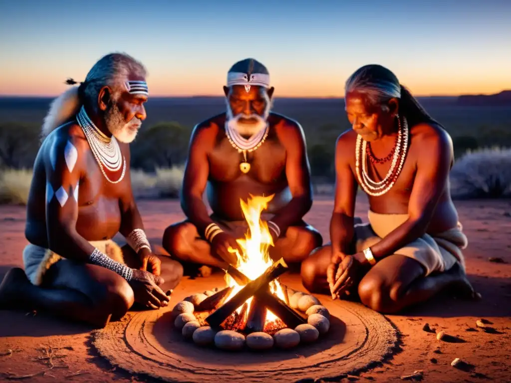 Aborígenes celebrando ritual tradicional alrededor de fogata en el Outback australiano, con música y rituales aborígenes