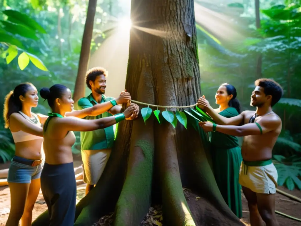 Activistas realizan prácticas simbólicas lucha ambientalista alrededor de un árbol en un bosque exuberante