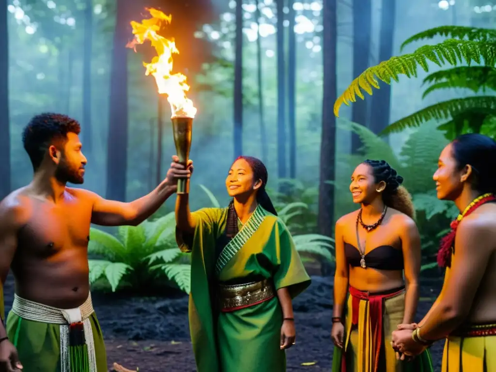 Activistas realizan ritual de transición en el bosque, con vestimenta ceremonial y antorchas encendidas