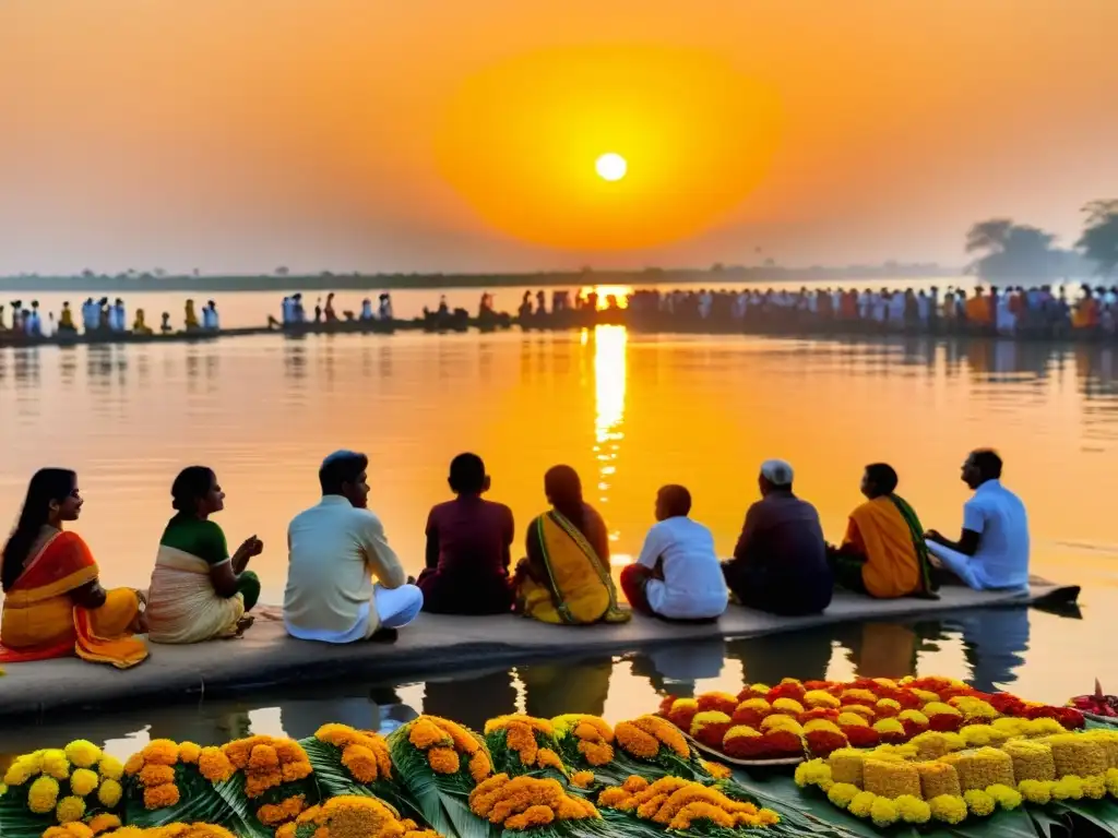 Adoración al sol en Chhath Puja: vibrante celebración con ofrendas y devotos en el río al atardecer