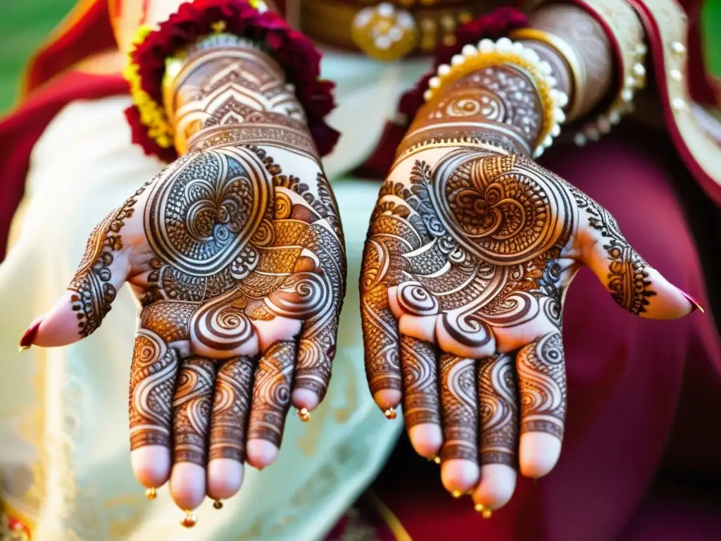 Adornos de henna en las manos de una novia, simbolizando amor y alegría