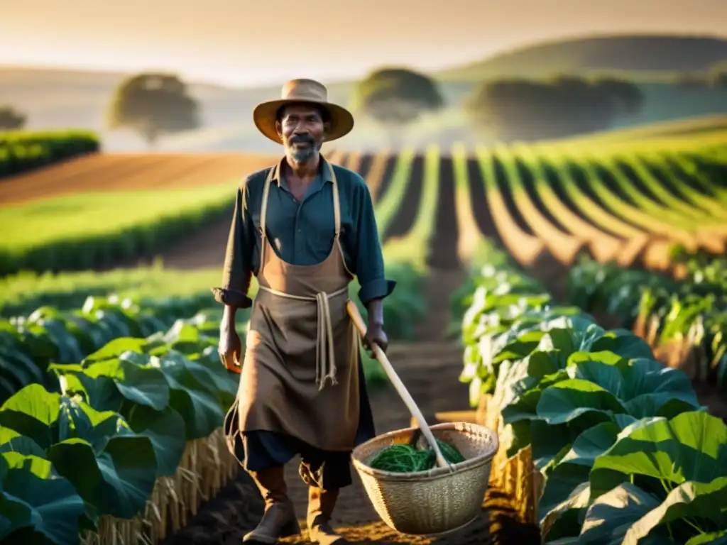 Un agricultor tradicional en un campo exuberante al amanecer, con la luz dorada del equinoccio