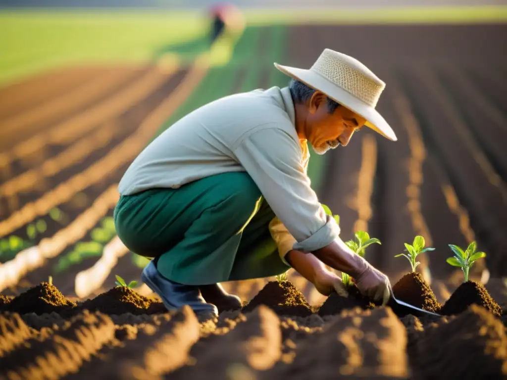 Un agricultor tradicional planta semillas en filas perfectamente rectas bajo el suave resplandor del equinoccio de primavera