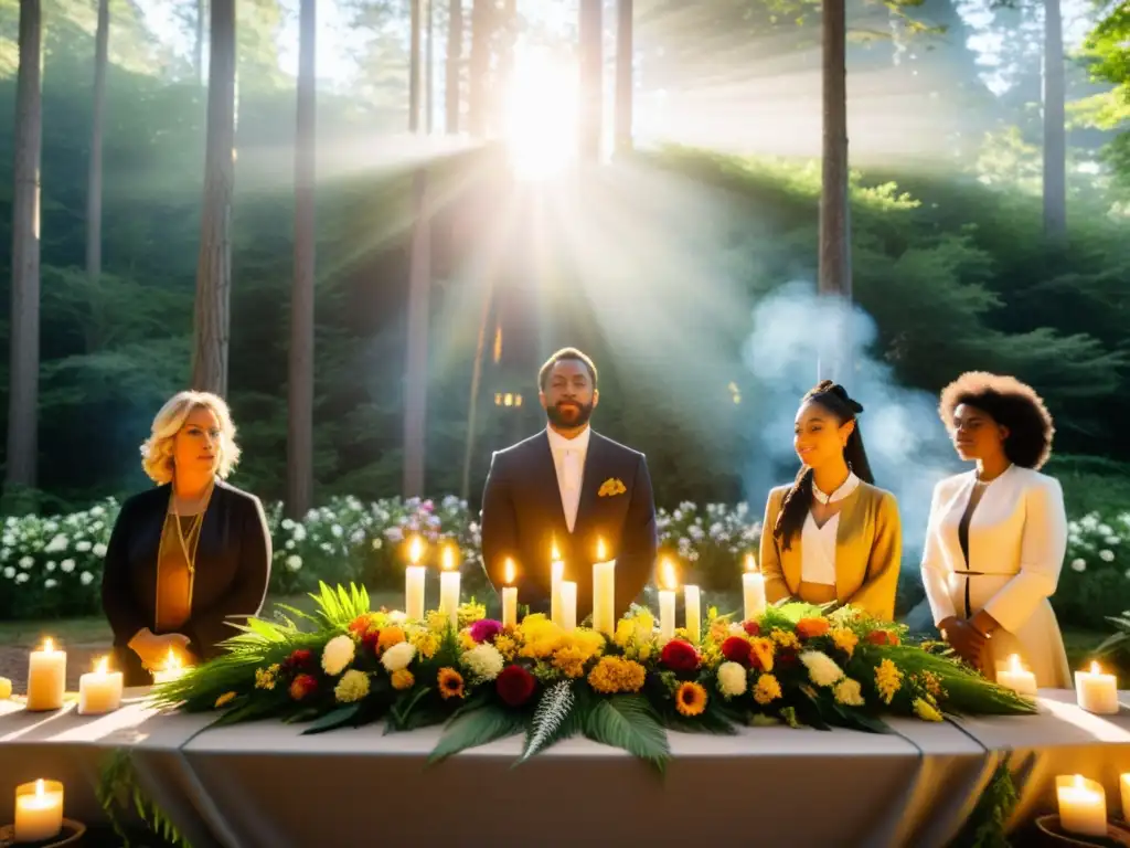 Un altar adornado con flores, hierbas y velas coloridas en un claro de bosque soleado