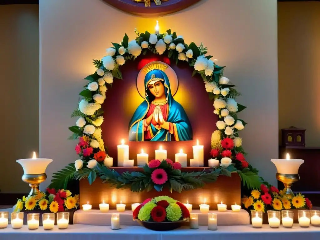 Un altar adornado con flores y velas, la Divina Misericordia y devotos en una fiesta ritual