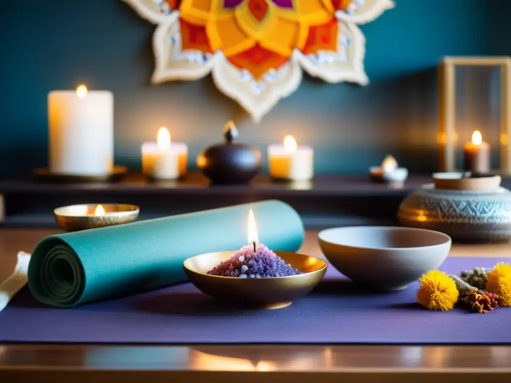 Un altar adornado con objetos para potenciar práctica espiritual en un estudio sereno de yoga, con iluminación cálida y natural