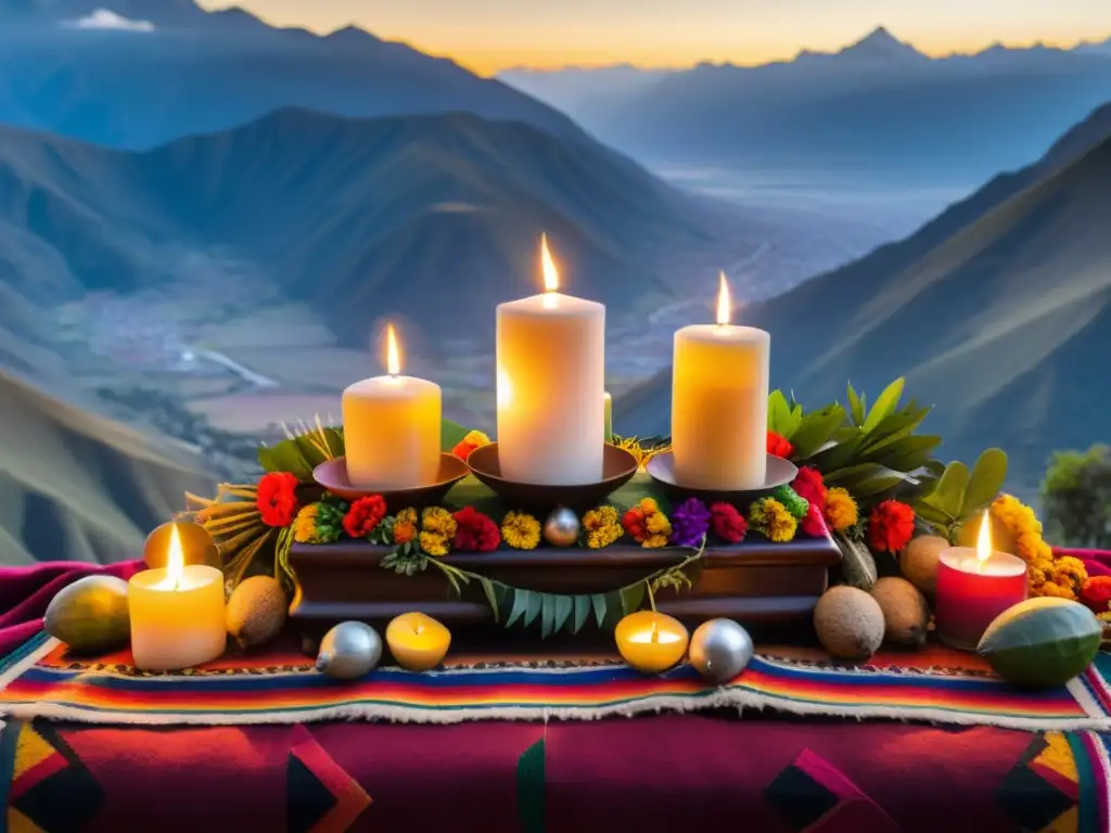 Un altar andino con textiles coloridos, coca y velas, rodeado de montañas