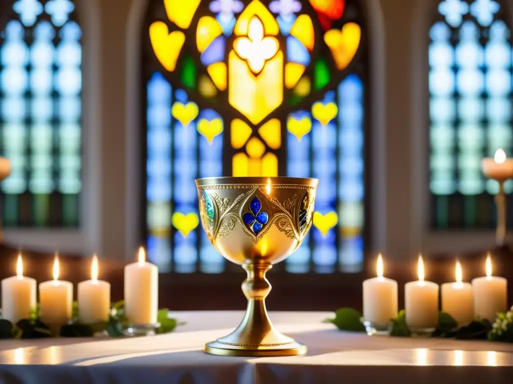 Un altar de boda bellamente decorado con copa de vino en el centro, bañado por luz dorada a través de vitrales