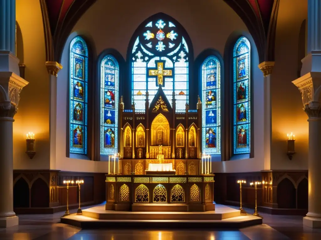 Un altar de catedral adornado con detalle, bañado en cálida luz dorada a través de vitrales