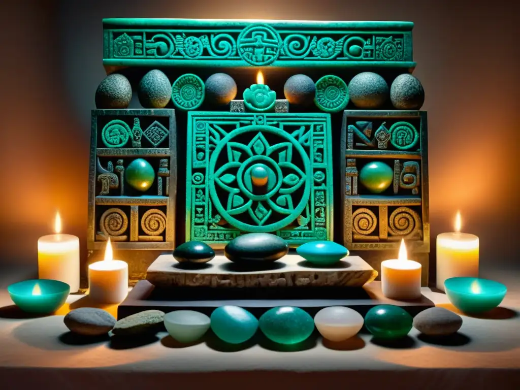 Un altar ceremonial maya con piedras preciosas en rituales ancestrales, envuelto en misticismo y reverencia