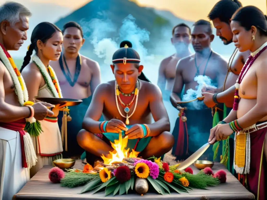Un altar ceremonial con participantes indígenas en ritual de sacrificio animal