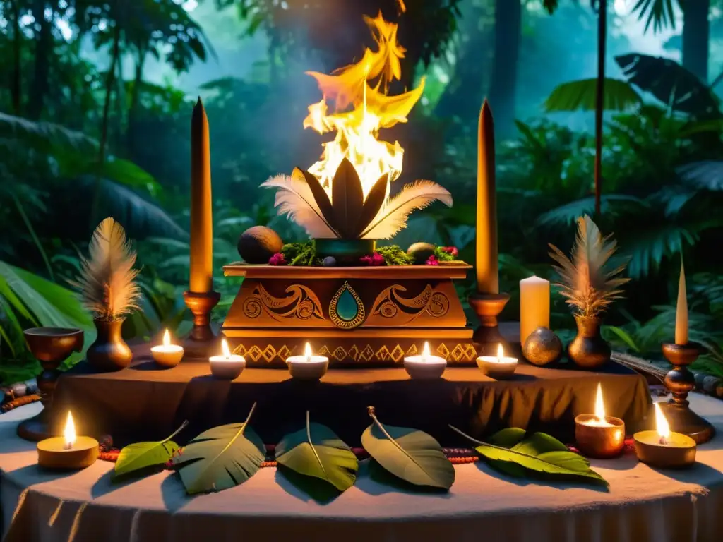 Altar chamánico en la selva amazónica, con plumas coloridas, piedras sagradas y hierbas ardiendo