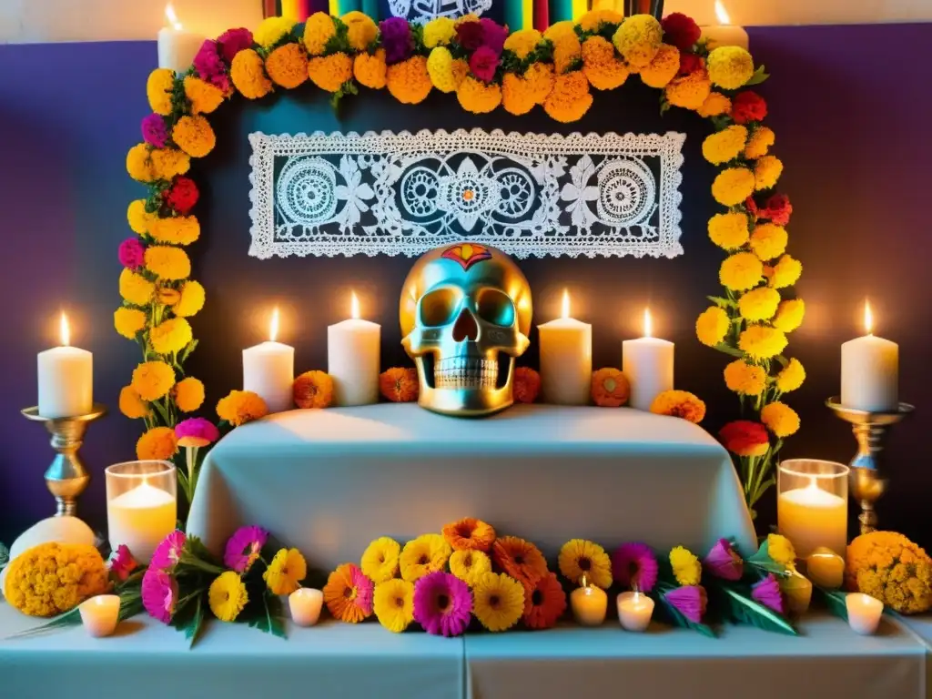 Altar contemporáneo con ofrendas del Día de los Muertos en México, significado cultural de las ofrendas funerarias en el mundo