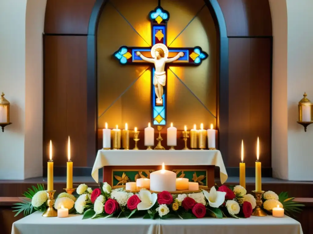 Un altar cristiano adornado con flores frescas, velas encendidas y arte religioso, iluminado por luz dorada