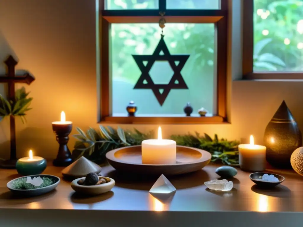 Un altar bellamente decorado con amuletos protectores para decoración espiritual, iluminado por una cálida luz natural