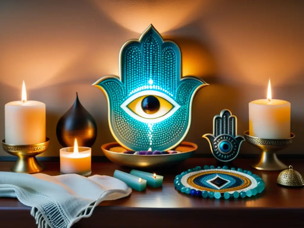 Un altar decorado con amuletos protectores para decoración espiritual, brilla con luz cálida y crea un ambiente espiritual armonioso y acogedor