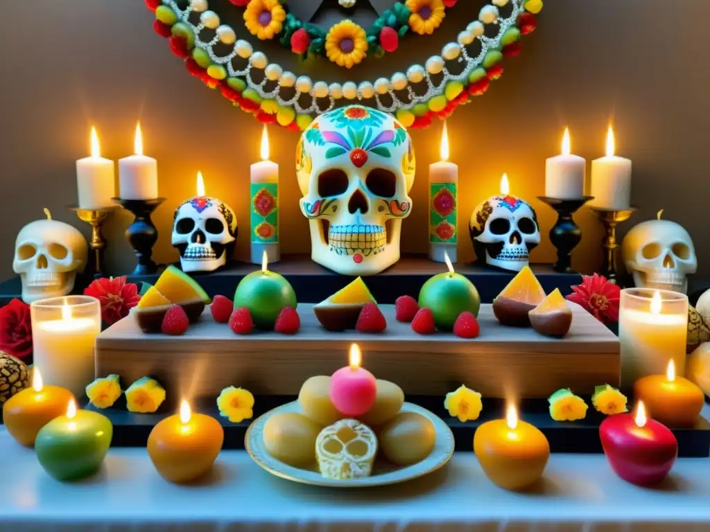 Altar decorado con dulces y golosinas coloridas, destacando el significado cultural de estos rituales dulces