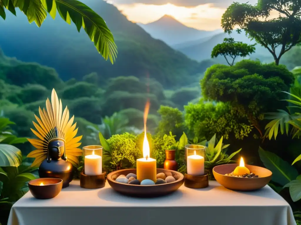 Un altar bellamente decorado en un entorno natural sereno, con elementos representativos de la tierra, el aire, el fuego, el agua y el espíritu