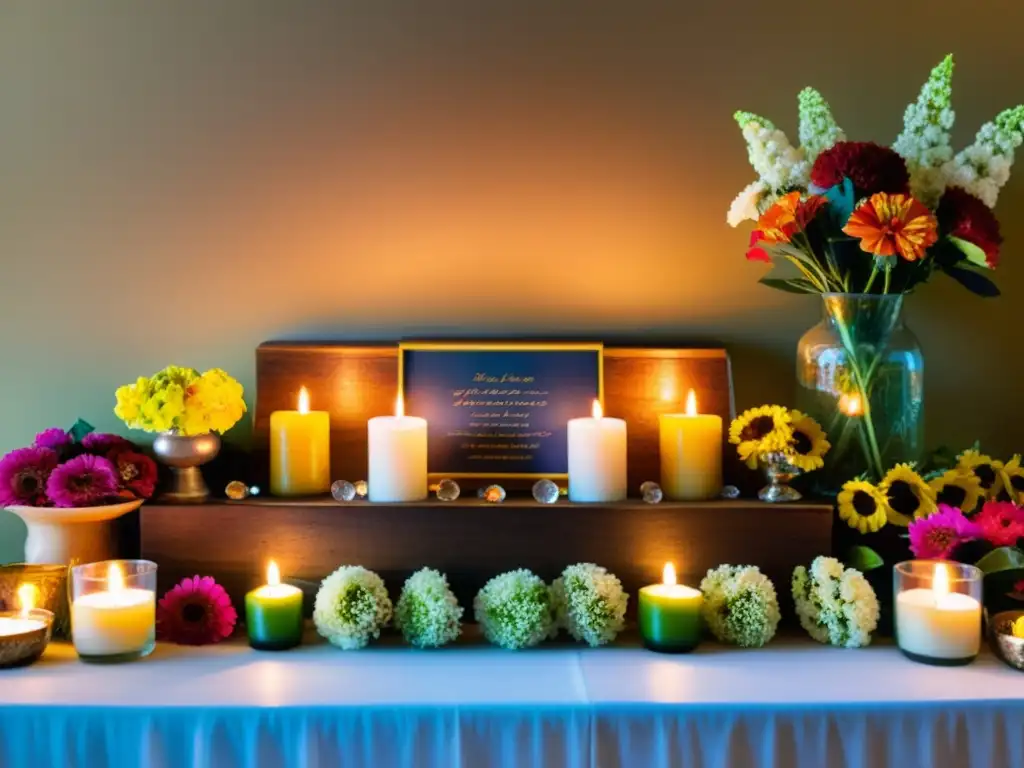 Un altar hermosamente decorado con flores frescas, velas encendidas, cristales coloridos y ofrendas, evocando gratitud y prosperidad en un taller de rituales