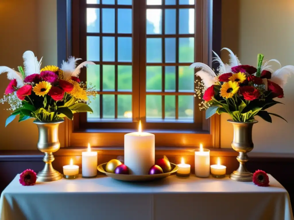 Un altar decorado con flores y velas, bañado por la cálida luz del sol, listo para preparar hogar rituales equinoccio