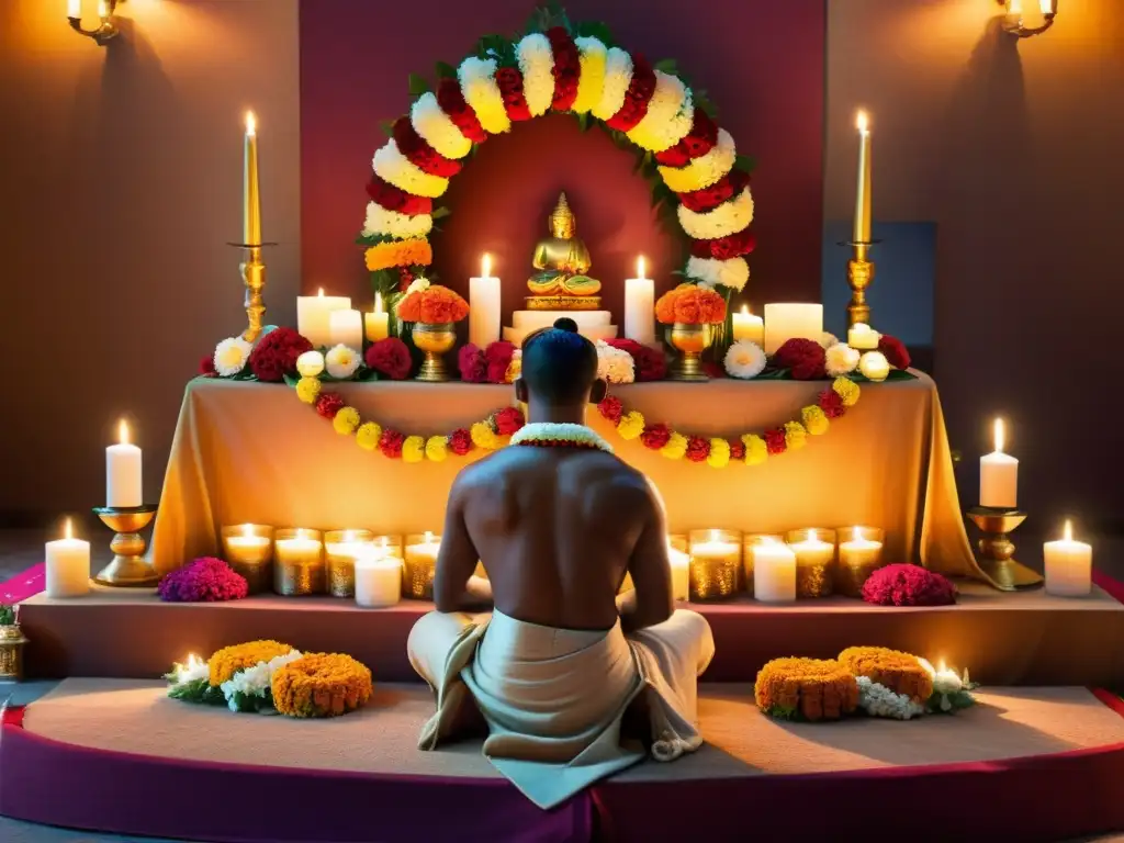 Un altar decorado con flores, velas y figuras animales