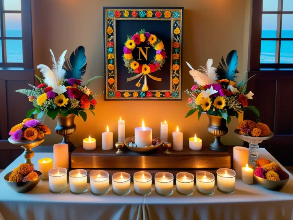 Altar decorado con flores vibrantes, velas encendidas y objetos simbólicos, crea una atmósfera de rituales para atraer abundancia hogar