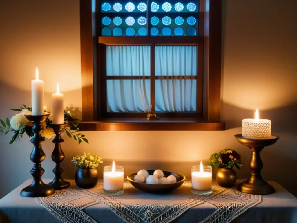 Un altar cuidadosamente decorado para preparar hogar rituales equinoccio con velas, cristales y flores estacionales