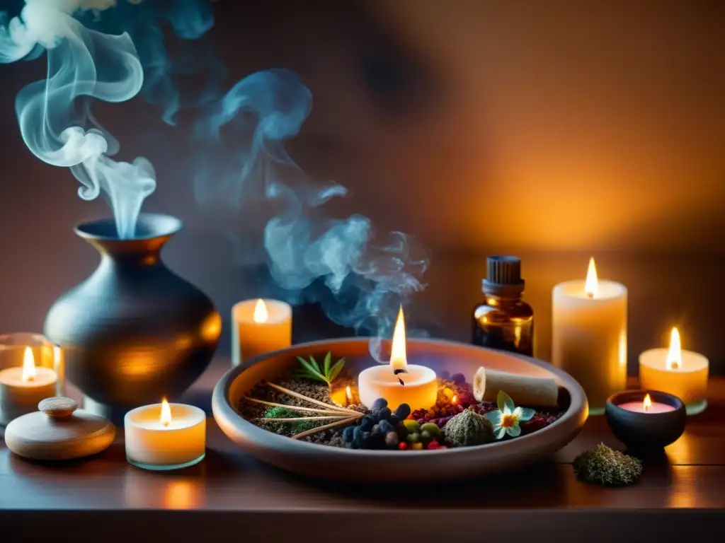 Un altar bellamente decorado con inciensos y aceites esenciales crea una atmósfera tranquila y serena