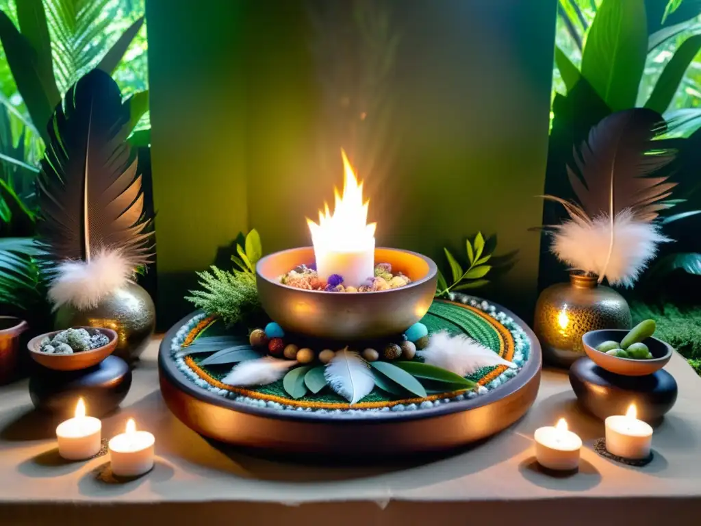 Un altar chamán decorado con plumas, cristales y hierbas en la exuberante selva, iluminado por velas