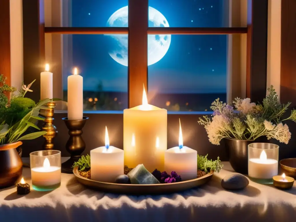 Un altar bellamente decorado para rituales de Luna Llena, con cristales, velas, hierbas y otros gadgets esenciales, bañado en la suave luz lunar