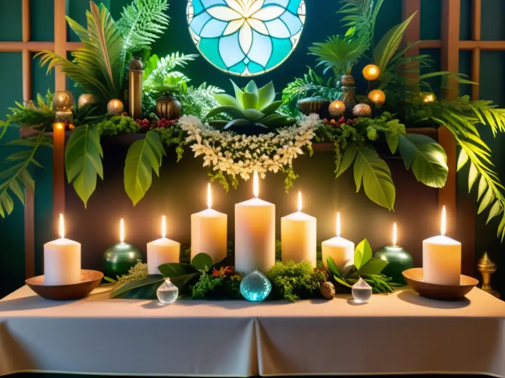 Altar bellamente decorado con velas, cristales y objetos simbólicos, rodeado de vegetación exuberante iluminada por la suave luz del sol