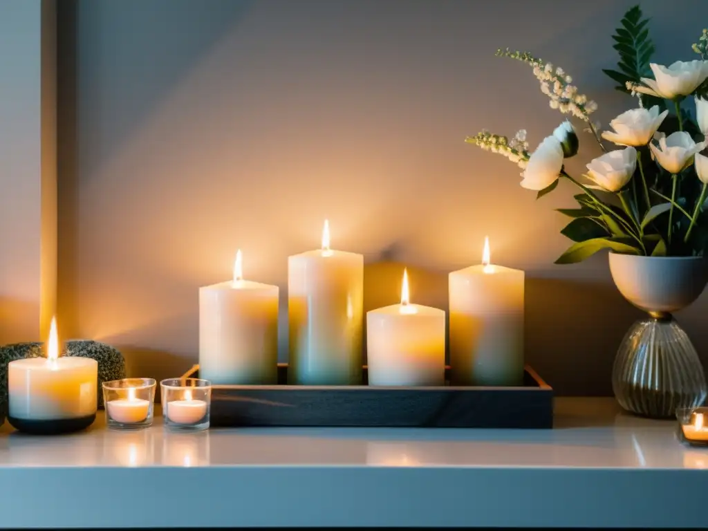 Un altar decorado con velas, cristales y flores frescas en un hogar moderno