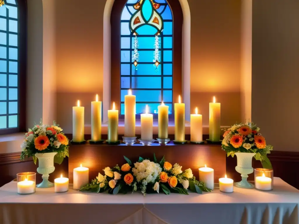 Un altar decorado con velas, cristales y flores coloridas, creando un ambiente sereno y encantador