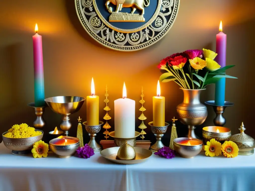 Un altar decorado con velas, flores y elementos de prosperidad