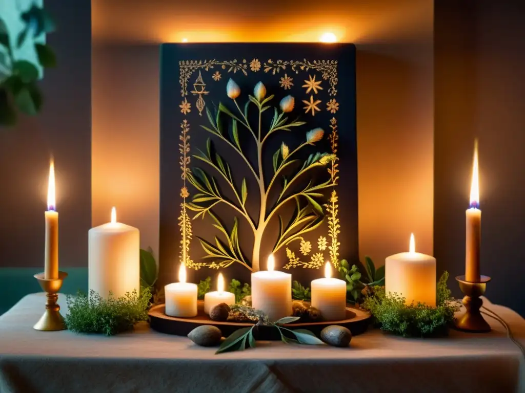 Un altar bellamente decorado con velas, hierbas y herramientas rituales