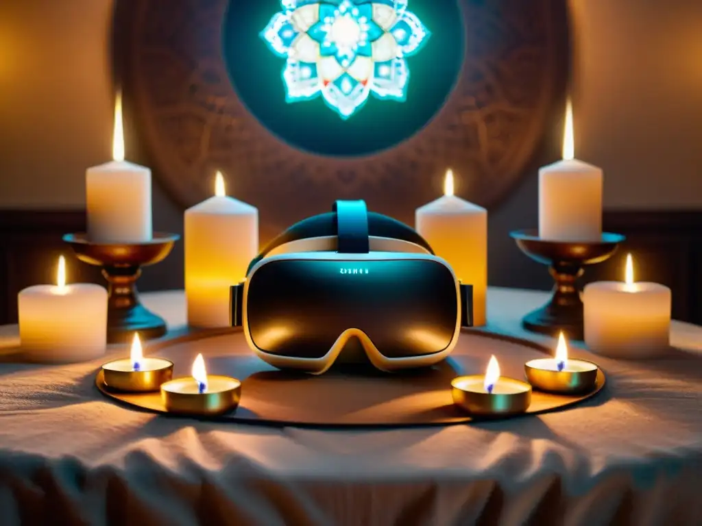 Un altar meticulosamente decorado con velas y humo de incienso rodea un visor de realidad virtual que muestra un espacio sagrado digital