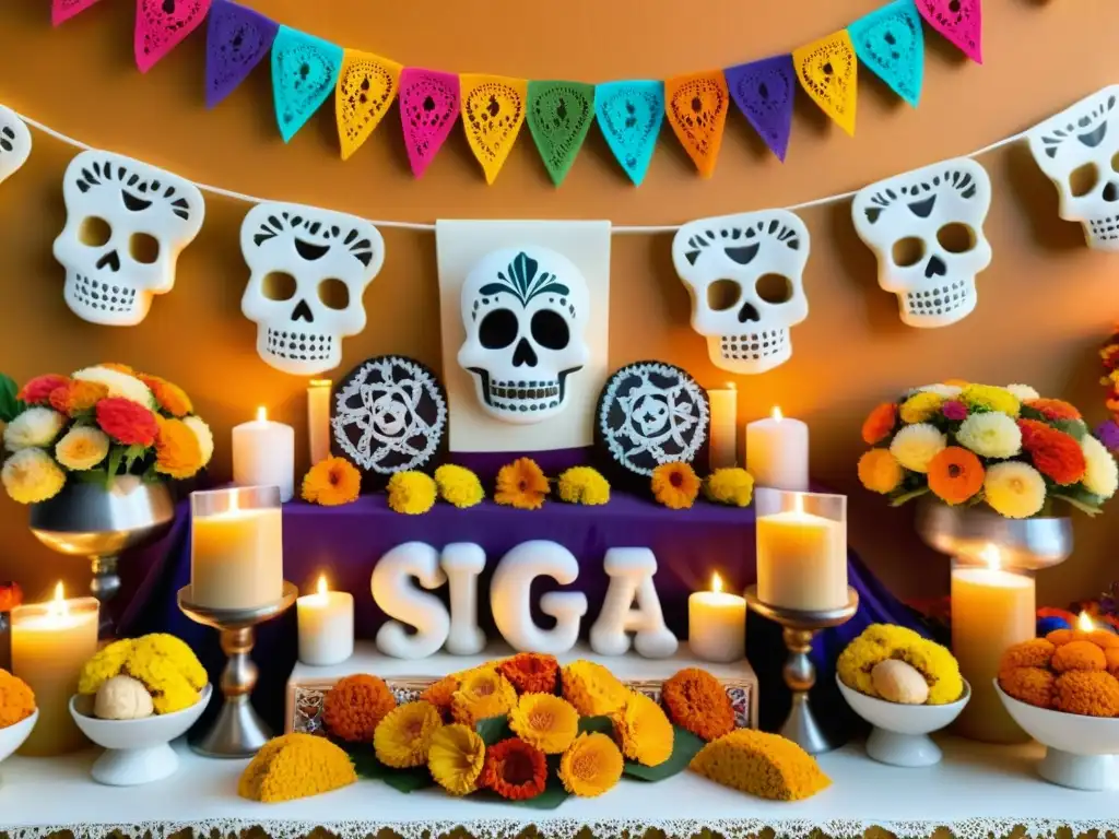 Altar del Día de los Muertos con coloridos dulces y elementos tradicionales en una ceremonia espiritual