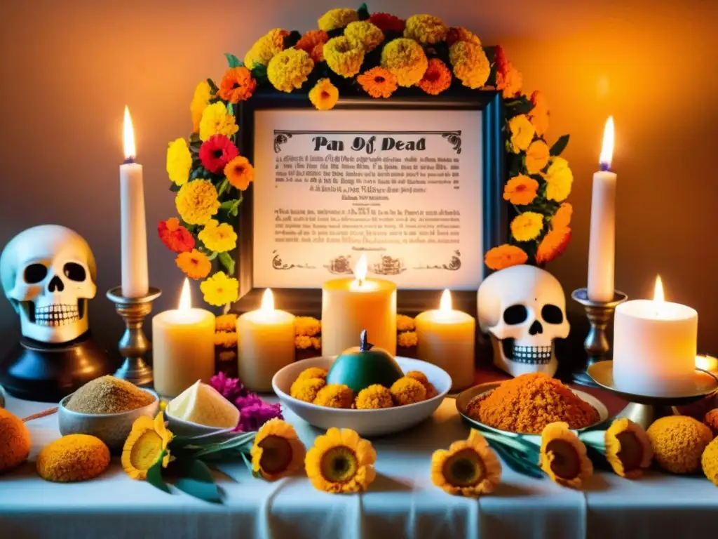 Altar del Día de los Muertos en México con ofrendas y familiares reunidos