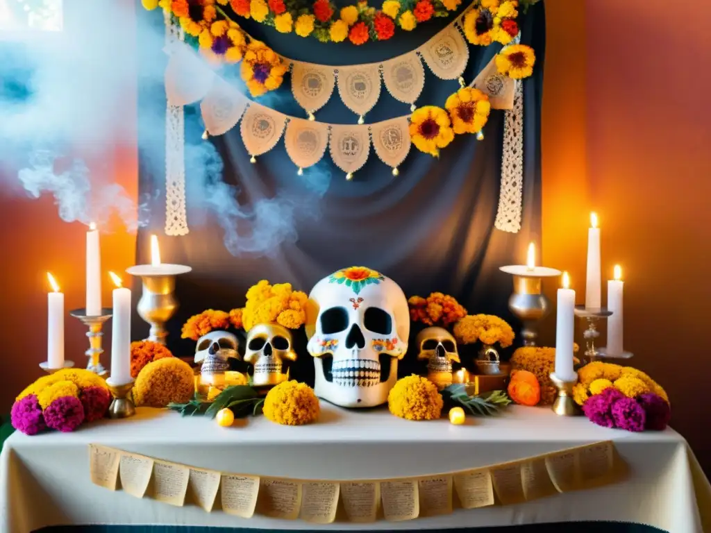 Altar de Día de los Muertos en México, con ofrendas y decoraciones tradicionales