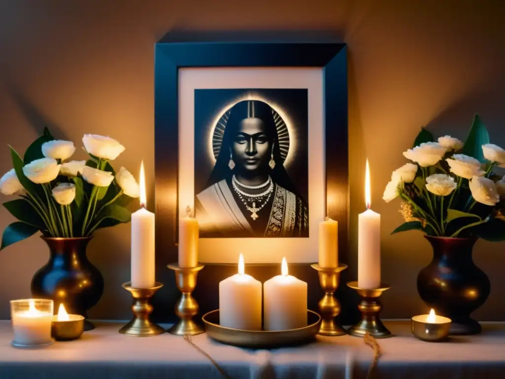 Un altar familiar iluminado por velas y decorado con flores y fotografías