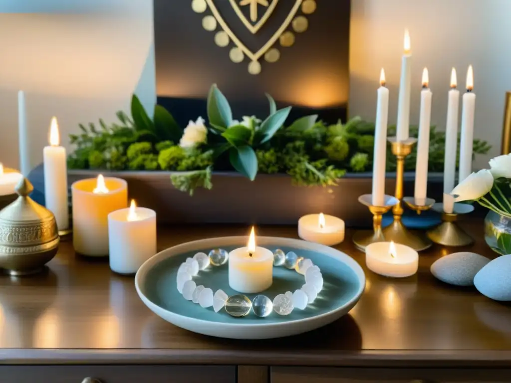 Un altar hogareño iluminado, con velas, cristales y flores frescas, donde se realiza un ritual para atraer abundancia