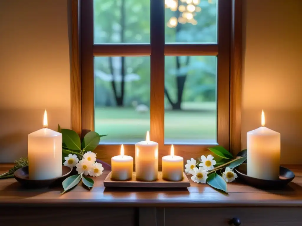 Un altar hogareño bellamente preparado con elementos estacionales como velas, flores y cristales