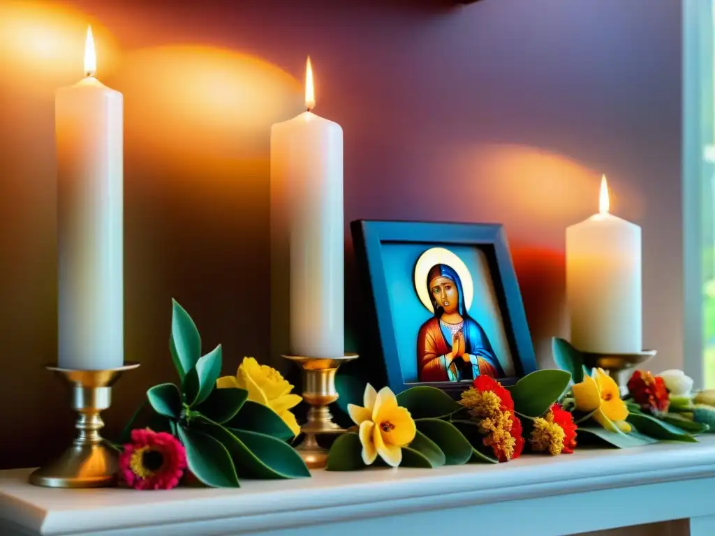 Un altar hogareño tradicional con flores coloridas, velas titilantes e íconos religiosos