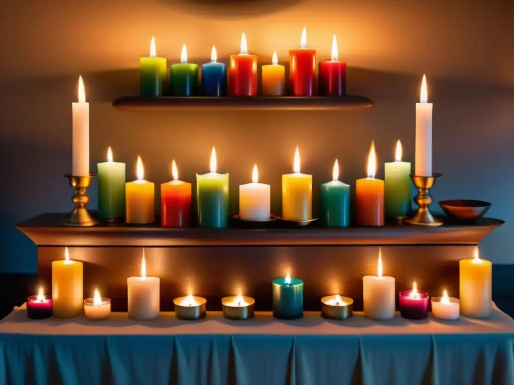 Un altar iluminado por velas de colores cuidadosamente seleccionadas, evocando el significado de los colores en la magia ritual