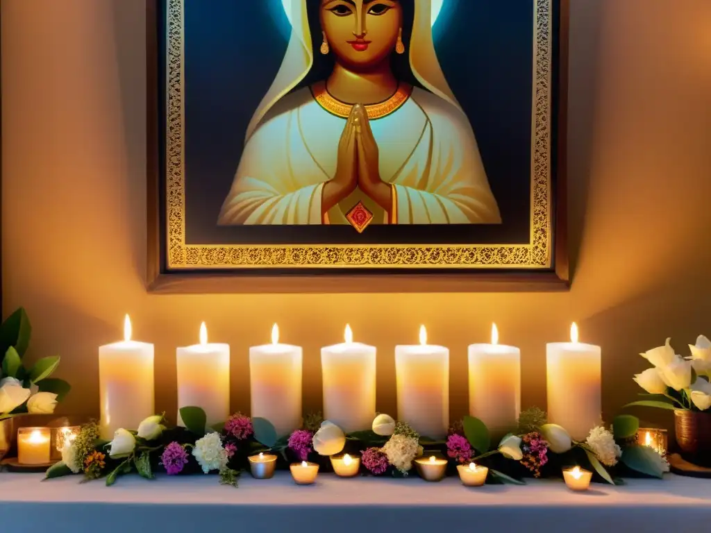 Un altar iluminado con velas para mascotas fallecidas, rodeado de flores y ofrendas