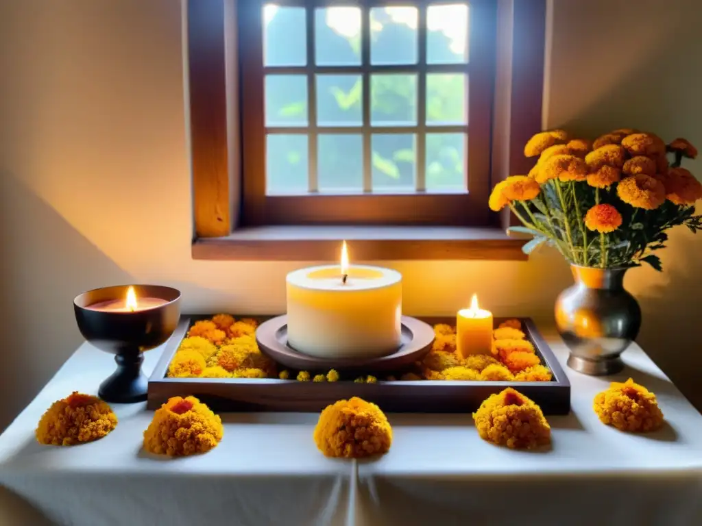 Un altar intrincado y artesanal con flores de cempasúchil, velas parpadeantes y ofrendas de fruta fresca e incienso de copal