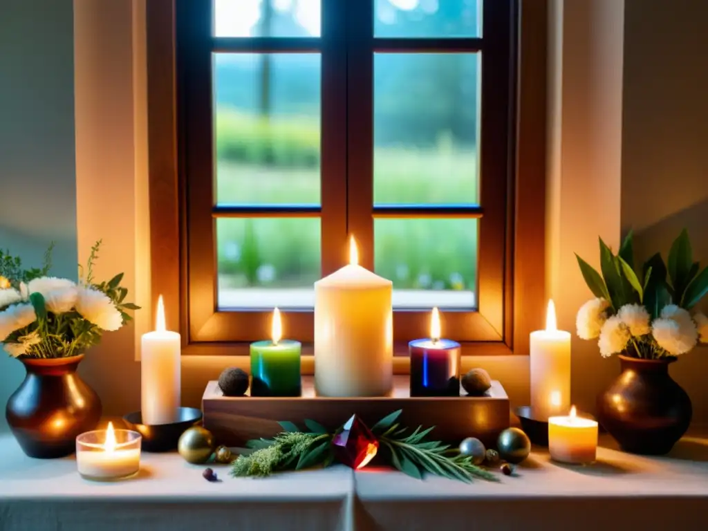 Un altar de madera adornado con cristales coloridos, hierbas fragantes, velas y herramientas rituales, bañado por una luz cálida